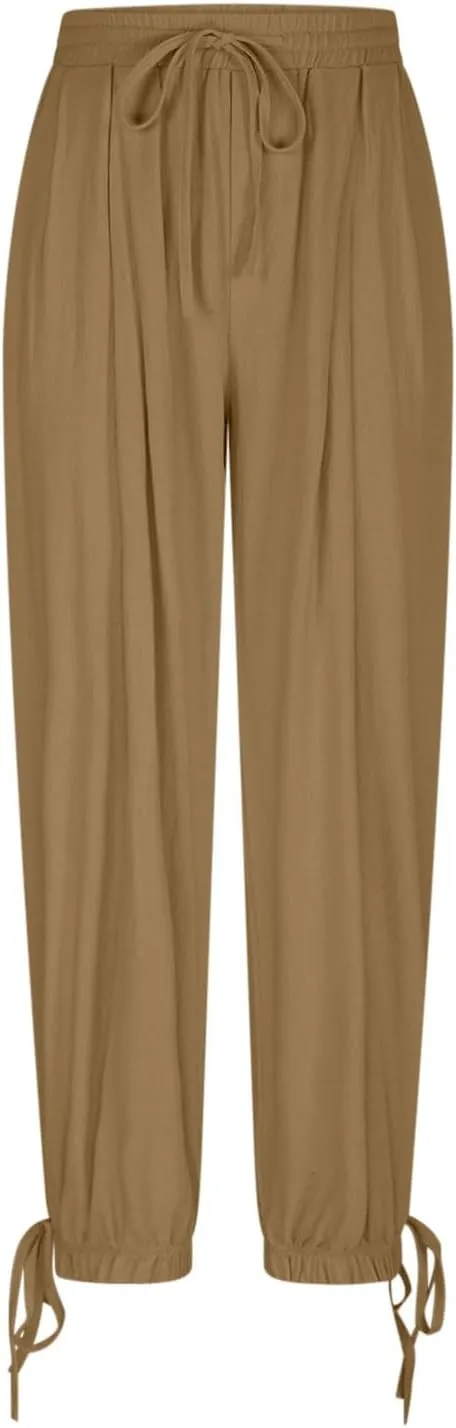 2025 Summer Linen Pants for Womens Baggy Cropped Trousers Drawstring High Waist Lounge Pants Beach Slacks with Pockets