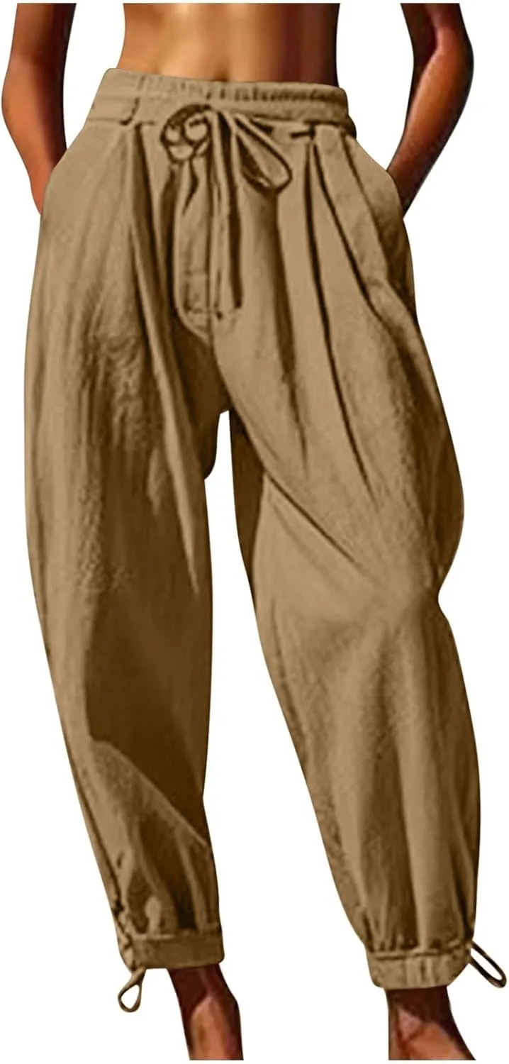 2025 Summer Linen Pants for Womens Baggy Cropped Trousers Drawstring High Waist Lounge Pants Beach Slacks with Pockets