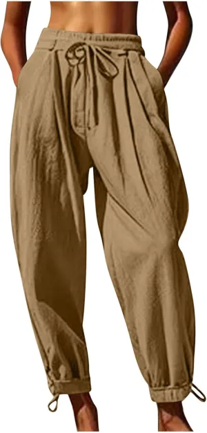 2025 Summer Linen Pants for Womens Baggy Cropped Trousers Drawstring High Waist Lounge Pants Beach Slacks with Pockets