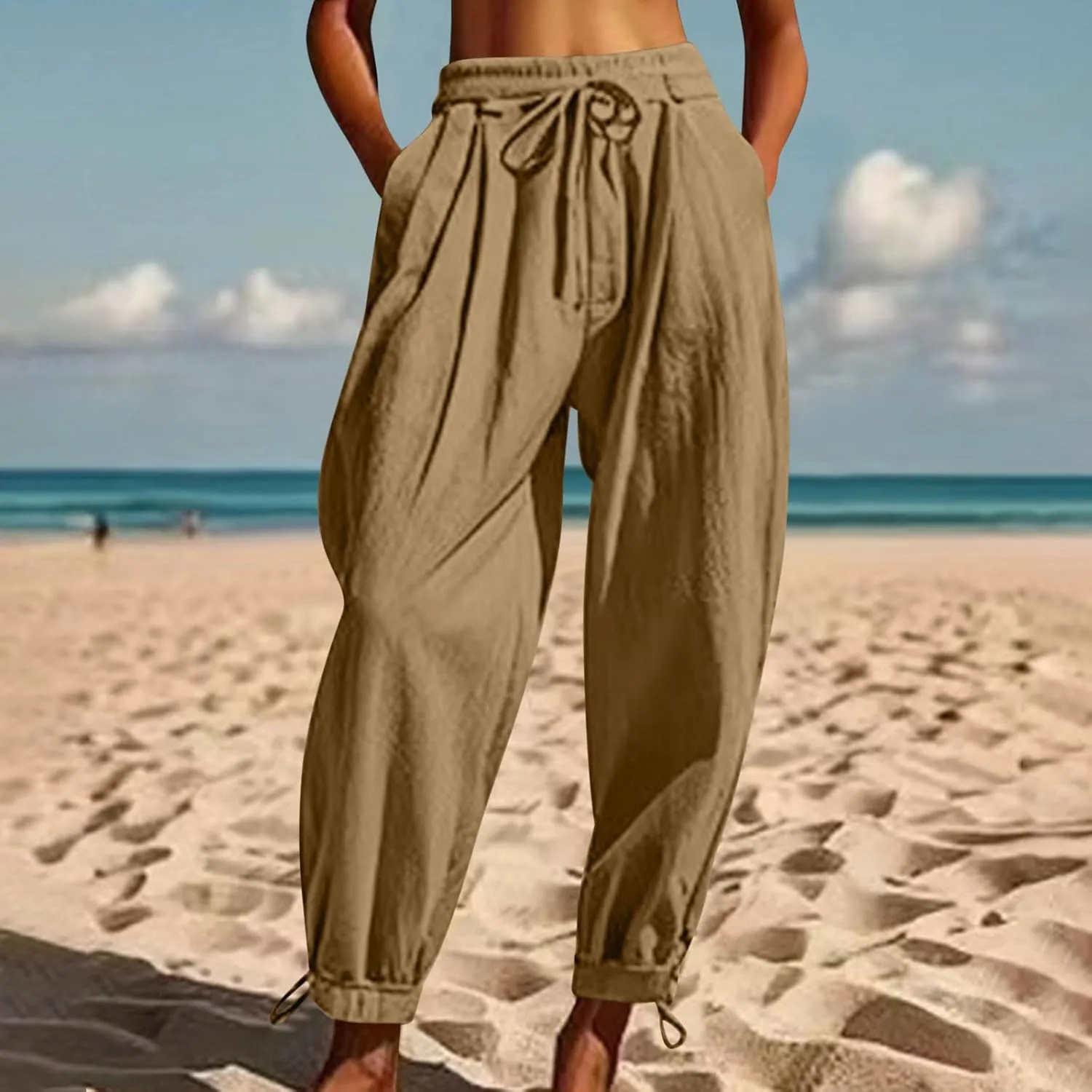 2025 Summer Linen Pants for Womens Baggy Cropped Trousers Drawstring High Waist Lounge Pants Beach Slacks with Pockets