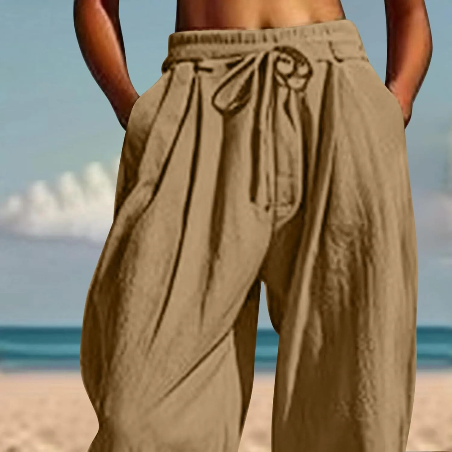 2025 Summer Linen Pants for Womens Baggy Cropped Trousers Drawstring High Waist Lounge Pants Beach Slacks with Pockets