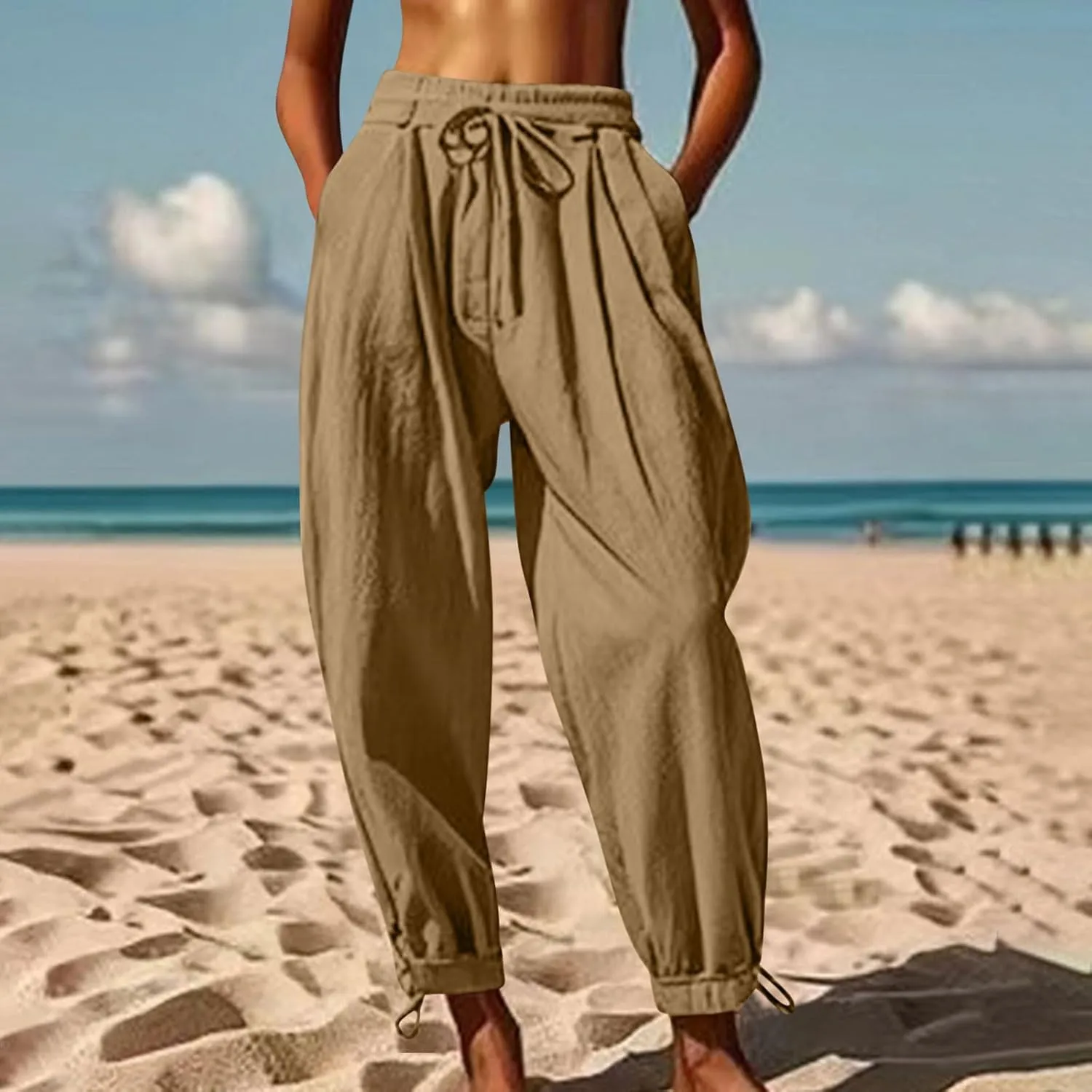 2025 Summer Linen Pants for Womens Baggy Cropped Trousers Drawstring High Waist Lounge Pants Beach Slacks with Pockets