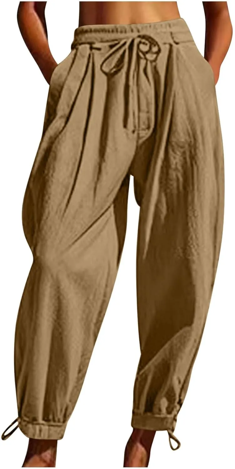 2025 Summer Linen Pants for Womens Baggy Cropped Trousers Drawstring High Waist Lounge Pants Beach Slacks with Pockets