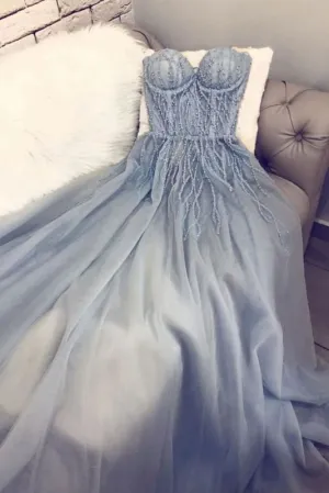 A Line Sweetheart Tulle Appliqued Prom Charming Long Party Dresses