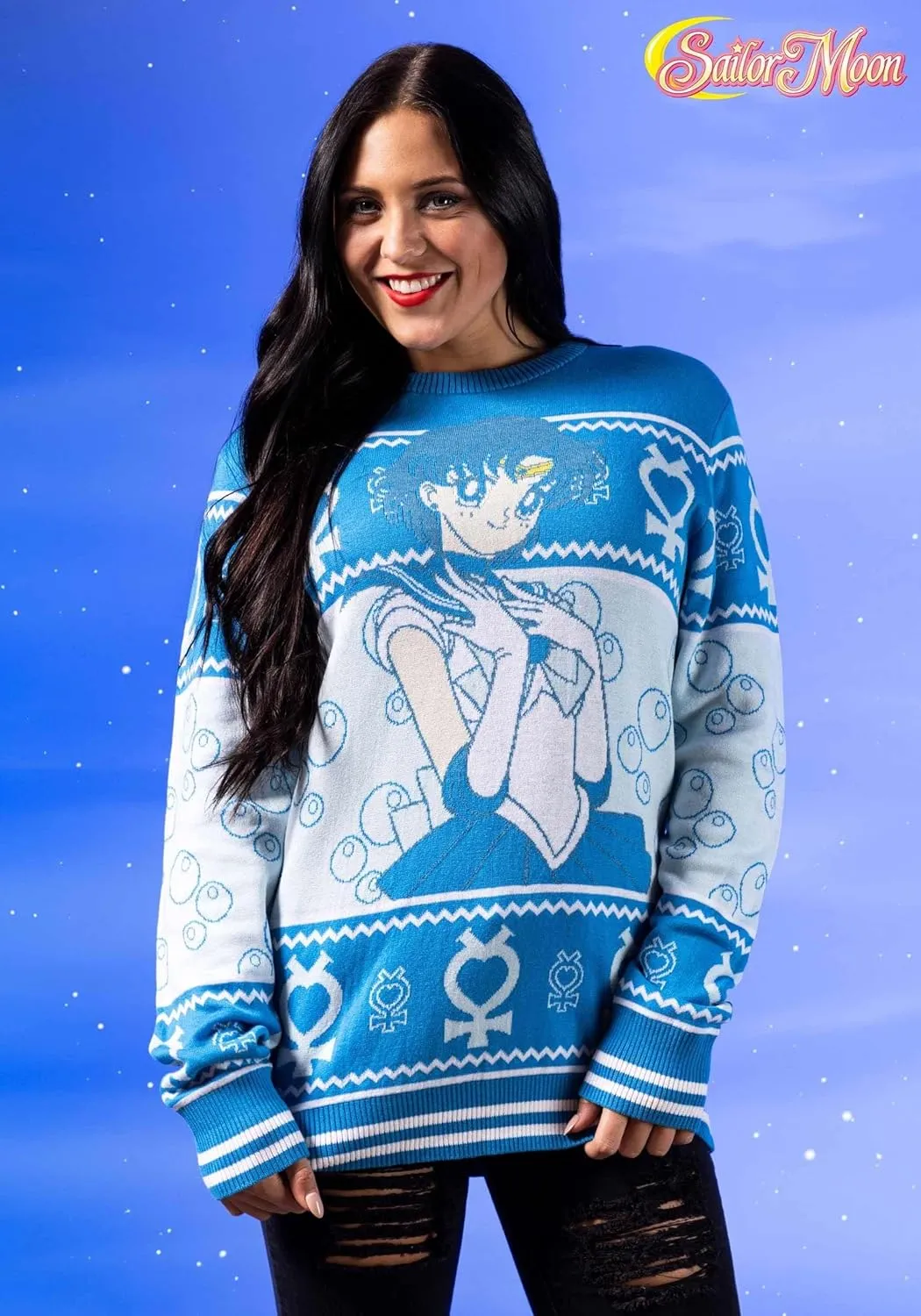 Adult Sailor Mercury Ugly Christmas Sweater, Japanese Anime Holiday Xmas Crewneck, Festive Christmas Sweaters