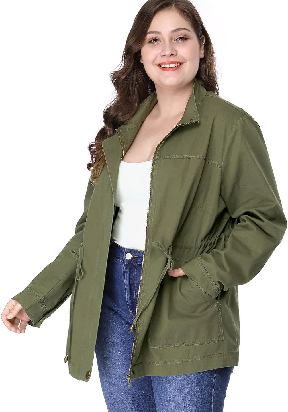 Agnes Orinda Women's Plus Size Jackets Lightweight Anorak Drawstring Utility Jacket with Pockets