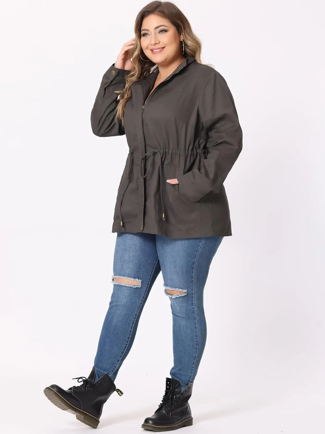 Agnes Orinda Women's Plus Size Jackets Lightweight Anorak Drawstring Utility Jacket with Pockets