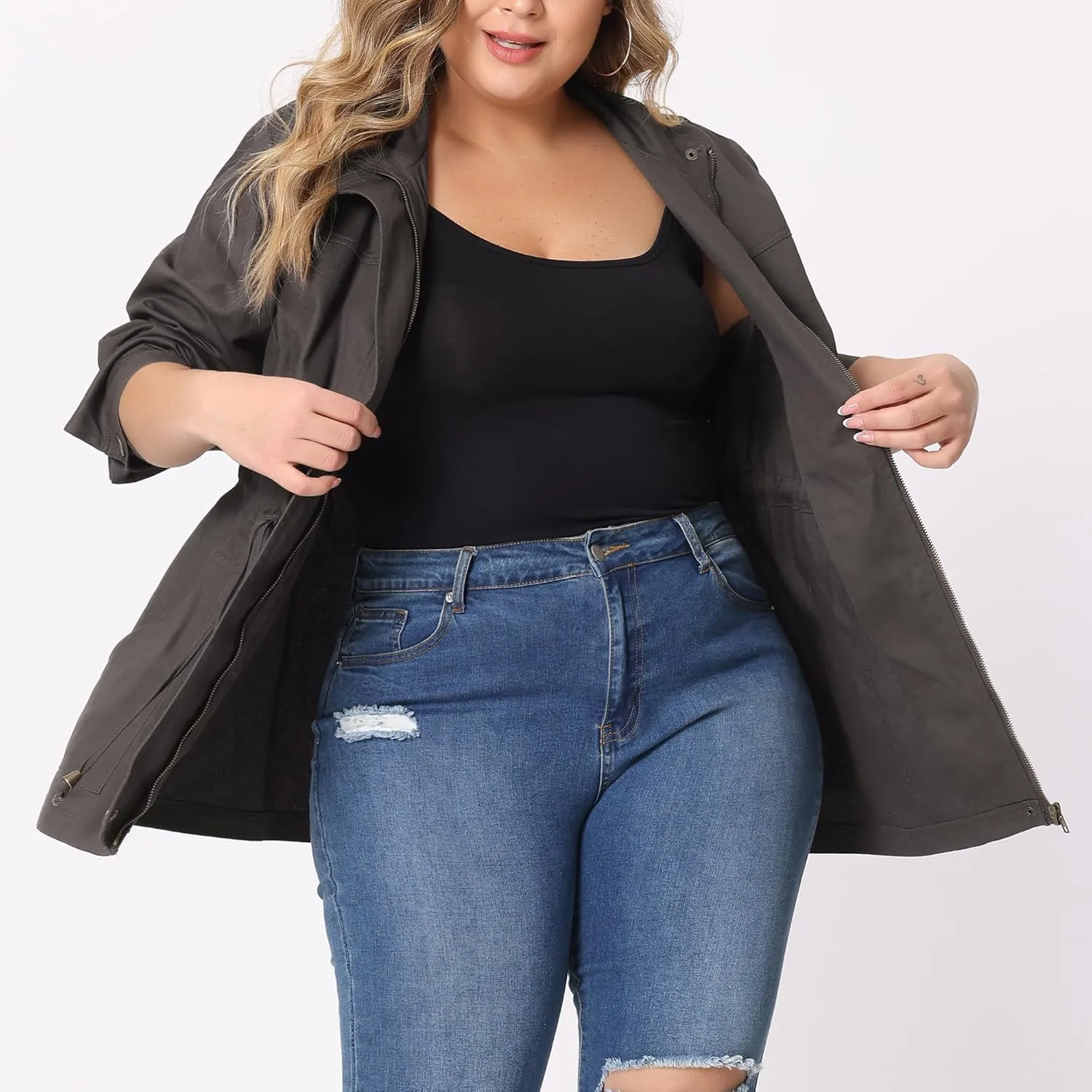 Agnes Orinda Women's Plus Size Jackets Lightweight Anorak Drawstring Utility Jacket with Pockets