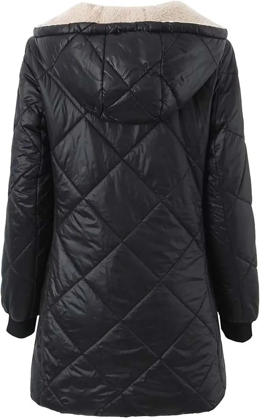 Akklian Women's Outerwear Hooded Padded Jacket Winter Thicken Fleece Lined Zip Up Hoodies Quilted Casual Thermal Cotton Coats