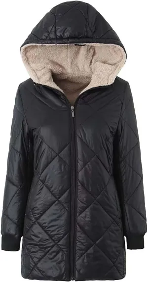 Akklian Women's Outerwear Hooded Padded Jacket Winter Thicken Fleece Lined Zip Up Hoodies Quilted Casual Thermal Cotton Coats