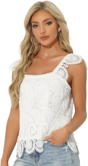 Allegra K Crochet Lace Tank Top for Women's Boho Square Neck Top