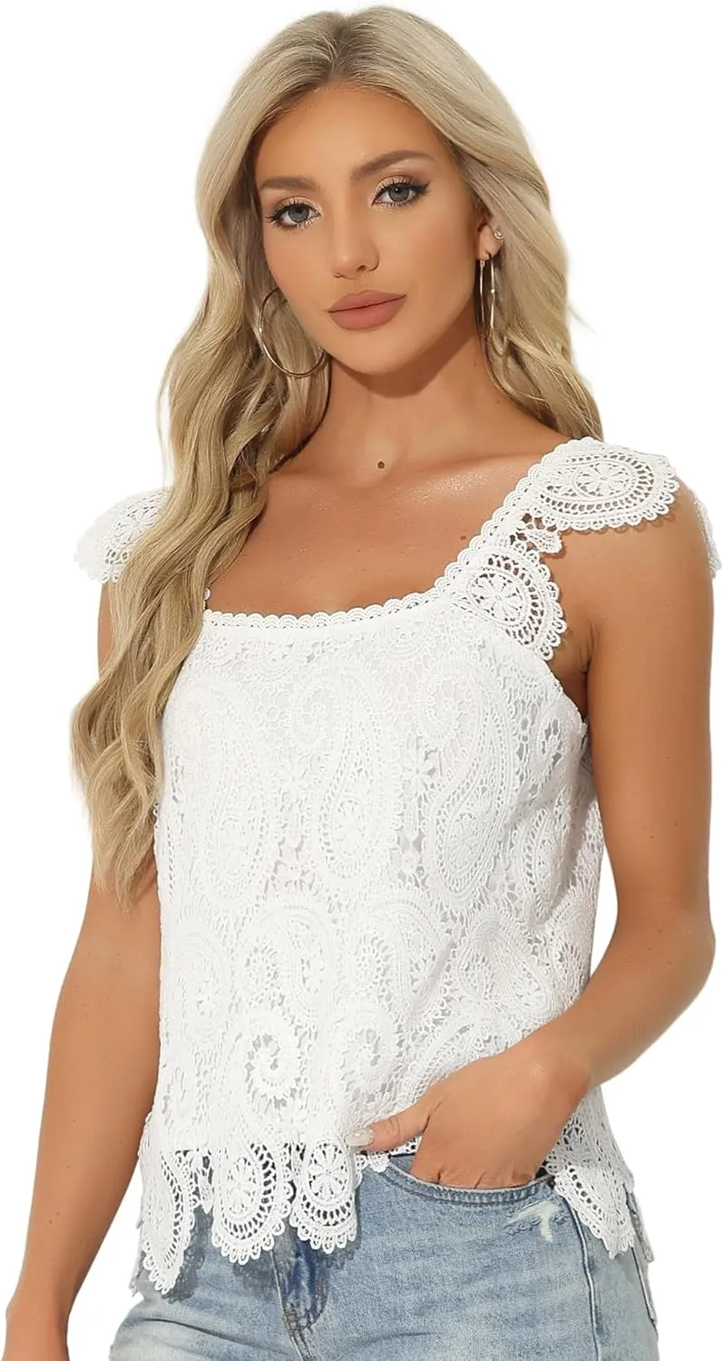 Allegra K Crochet Lace Tank Top for Women's Boho Square Neck Top
