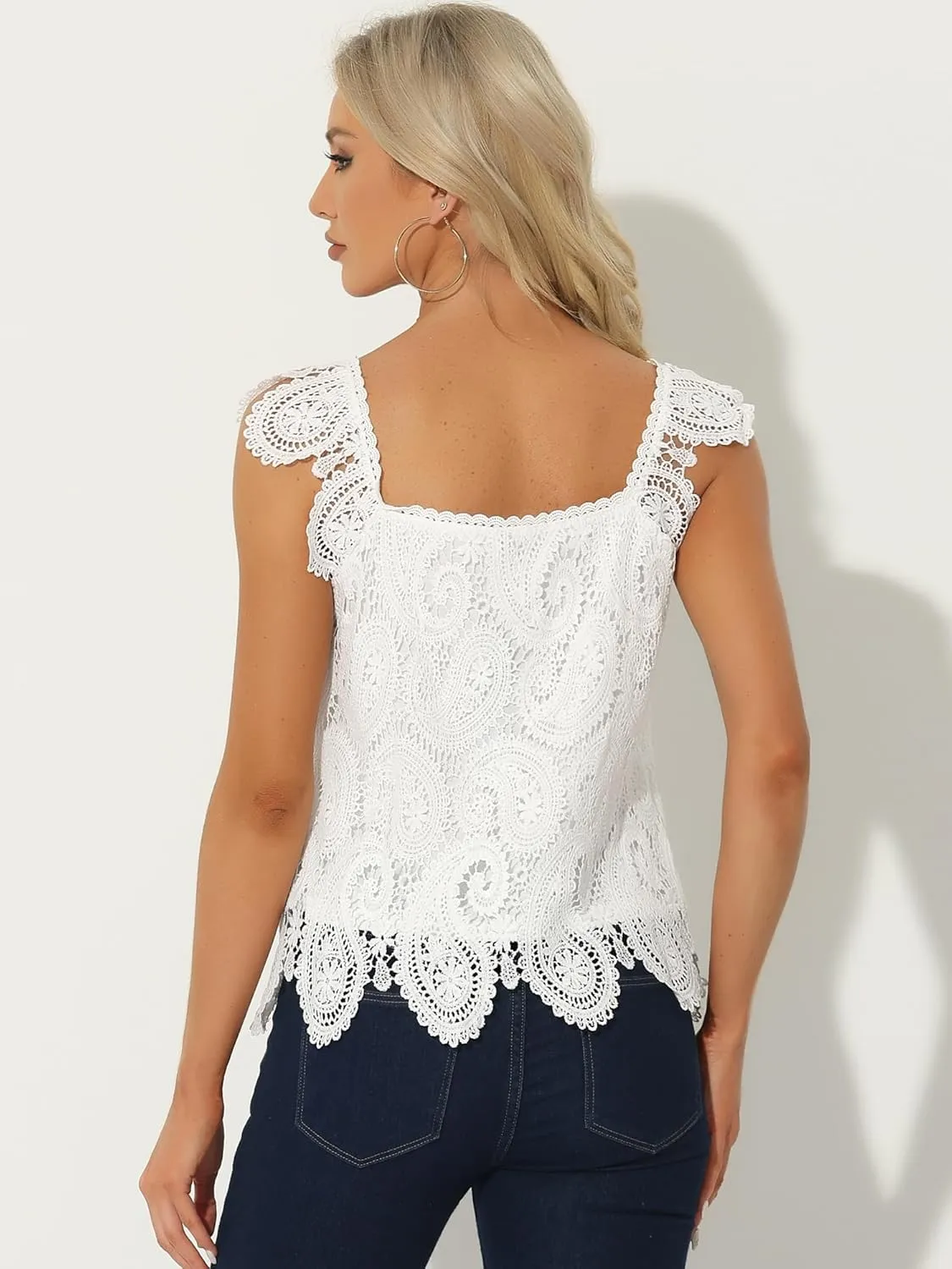 Allegra K Crochet Lace Tank Top for Women's Boho Square Neck Top