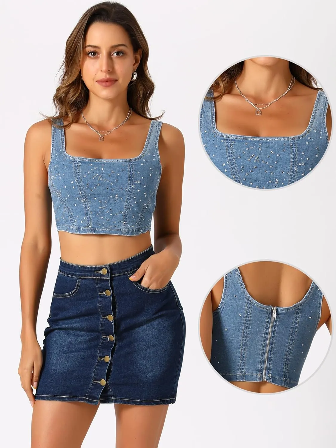Allegra K Denim Top for Women's Square Neck Sleeveless Party Corset Crop Tank Top