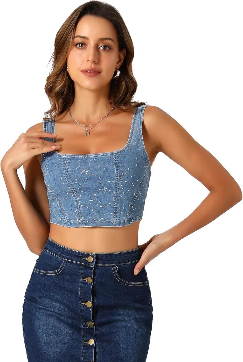 Allegra K Denim Top for Women's Square Neck Sleeveless Party Corset Crop Tank Top