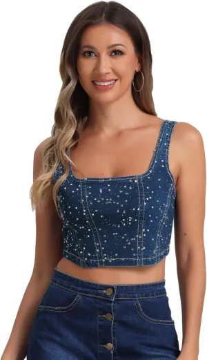 Allegra K Denim Top for Women's Square Neck Sleeveless Party Corset Crop Tank Top