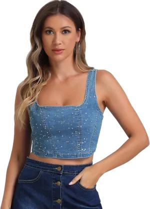 Allegra K Denim Top for Women's Square Neck Sleeveless Party Corset Crop Tank Top