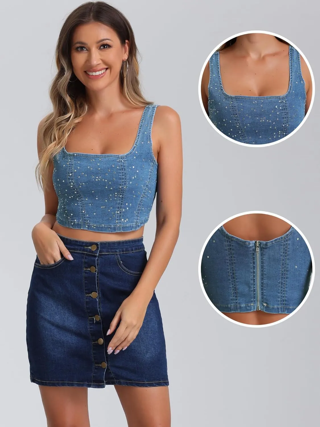 Allegra K Denim Top for Women's Square Neck Sleeveless Party Corset Crop Tank Top
