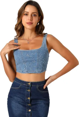Allegra K Denim Top for Women's Square Neck Sleeveless Party Corset Crop Tank Top