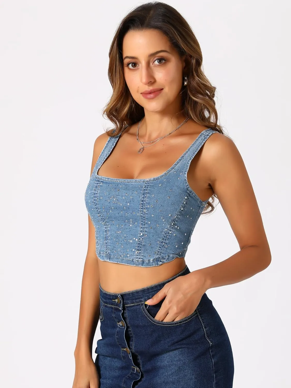 Allegra K Denim Top for Women's Square Neck Sleeveless Party Corset Crop Tank Top