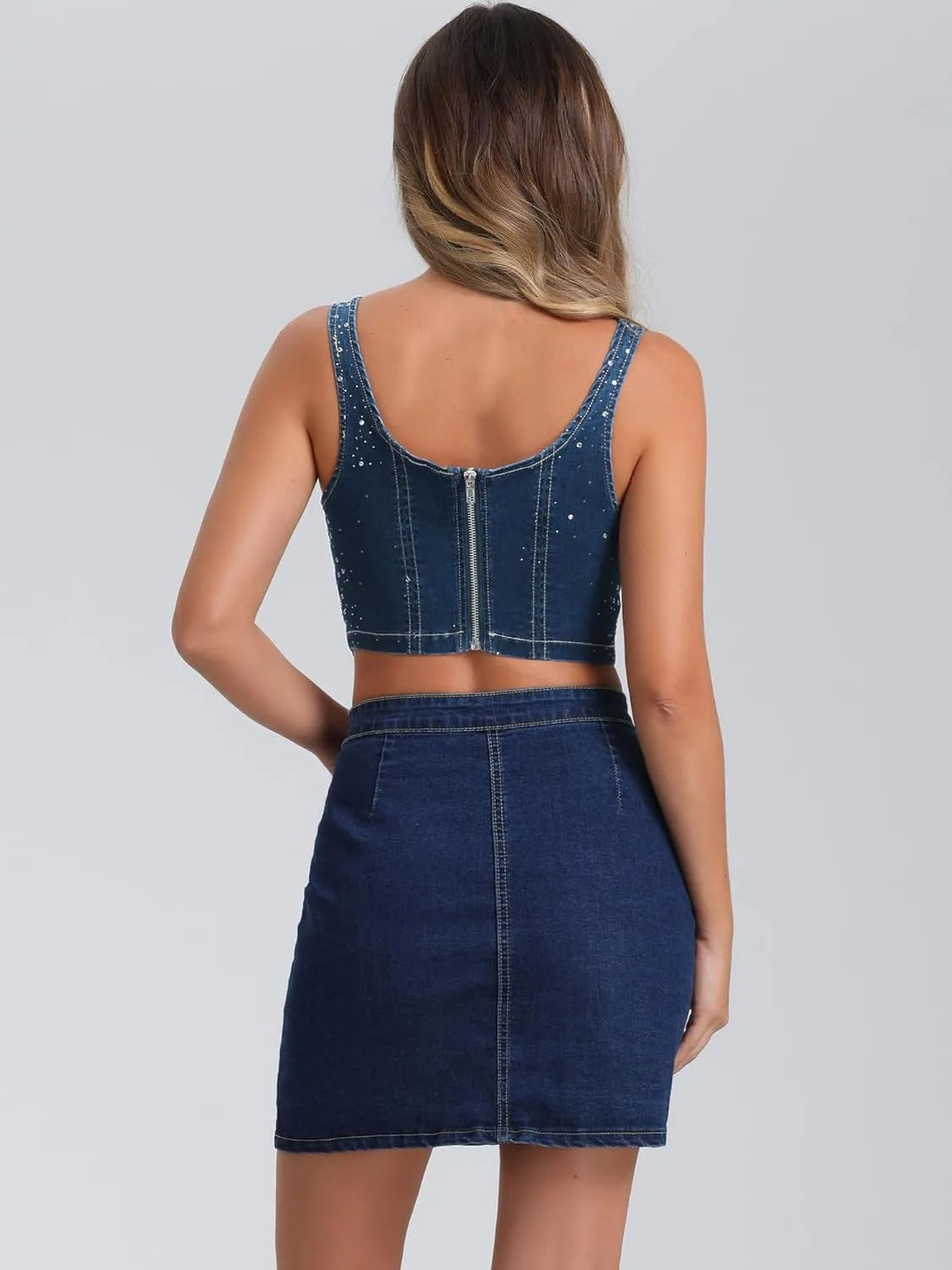 Allegra K Denim Top for Women's Square Neck Sleeveless Party Corset Crop Tank Top