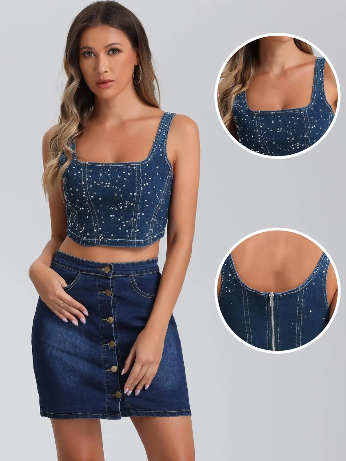 Allegra K Denim Top for Women's Square Neck Sleeveless Party Corset Crop Tank Top