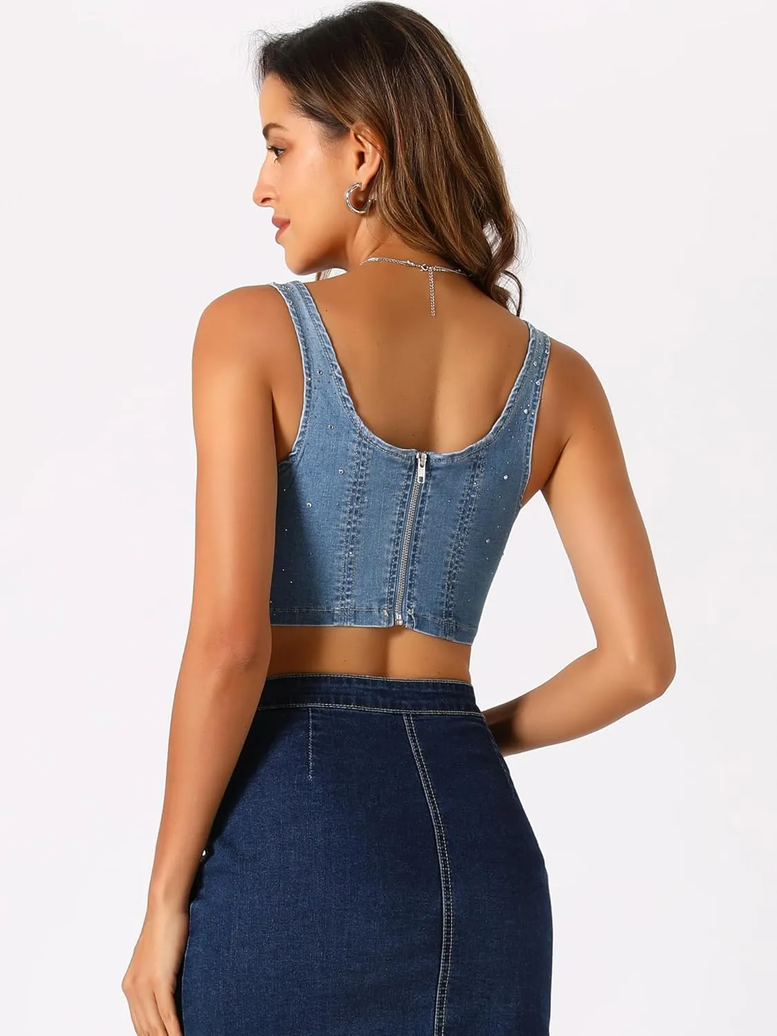 Allegra K Denim Top for Women's Square Neck Sleeveless Party Corset Crop Tank Top
