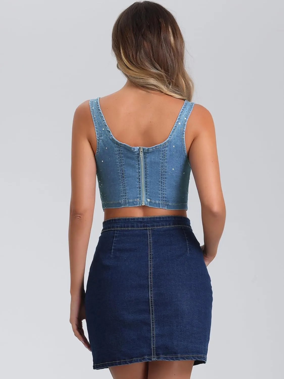 Allegra K Denim Top for Women's Square Neck Sleeveless Party Corset Crop Tank Top