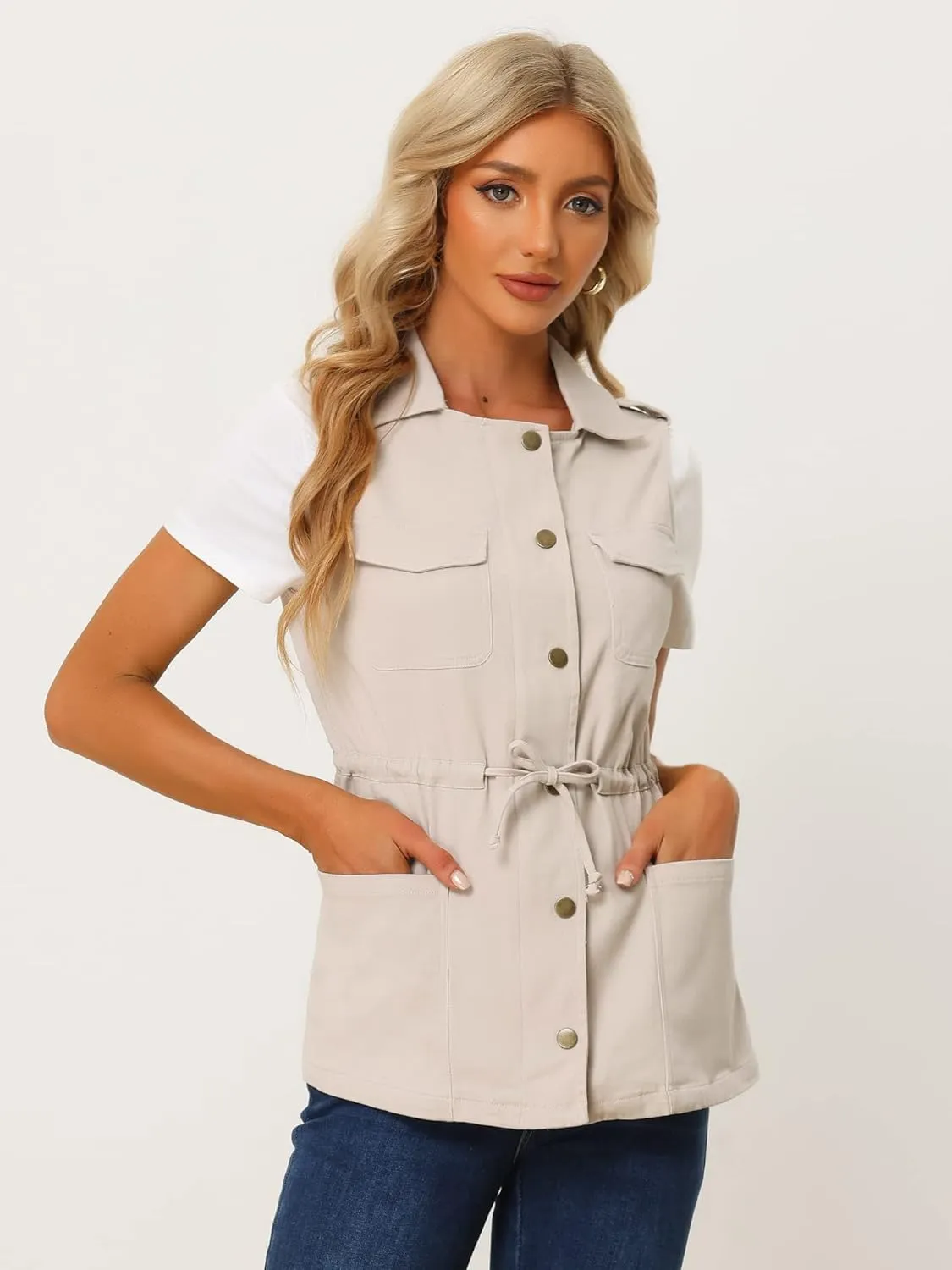 Allegra K Women's Zip Up Sleeveless Jacket Utility Anorak Outwear Cargo Vest