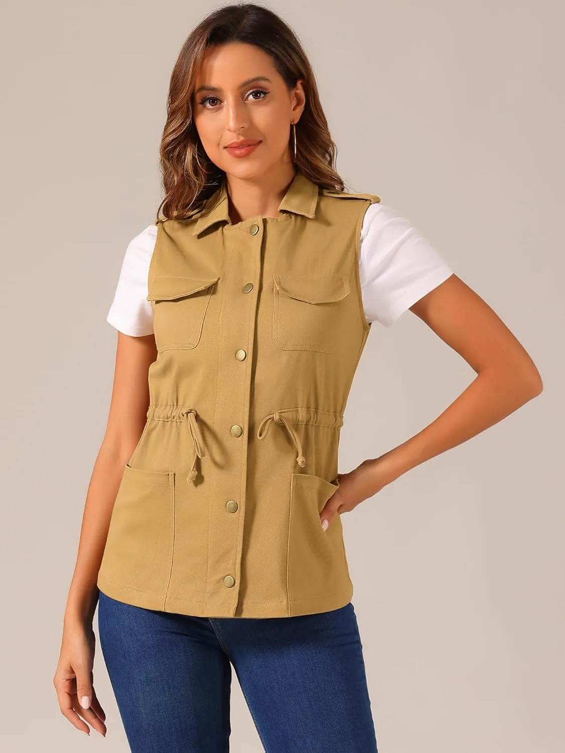 Allegra K Women's Zip Up Sleeveless Jacket Utility Anorak Outwear Cargo Vest