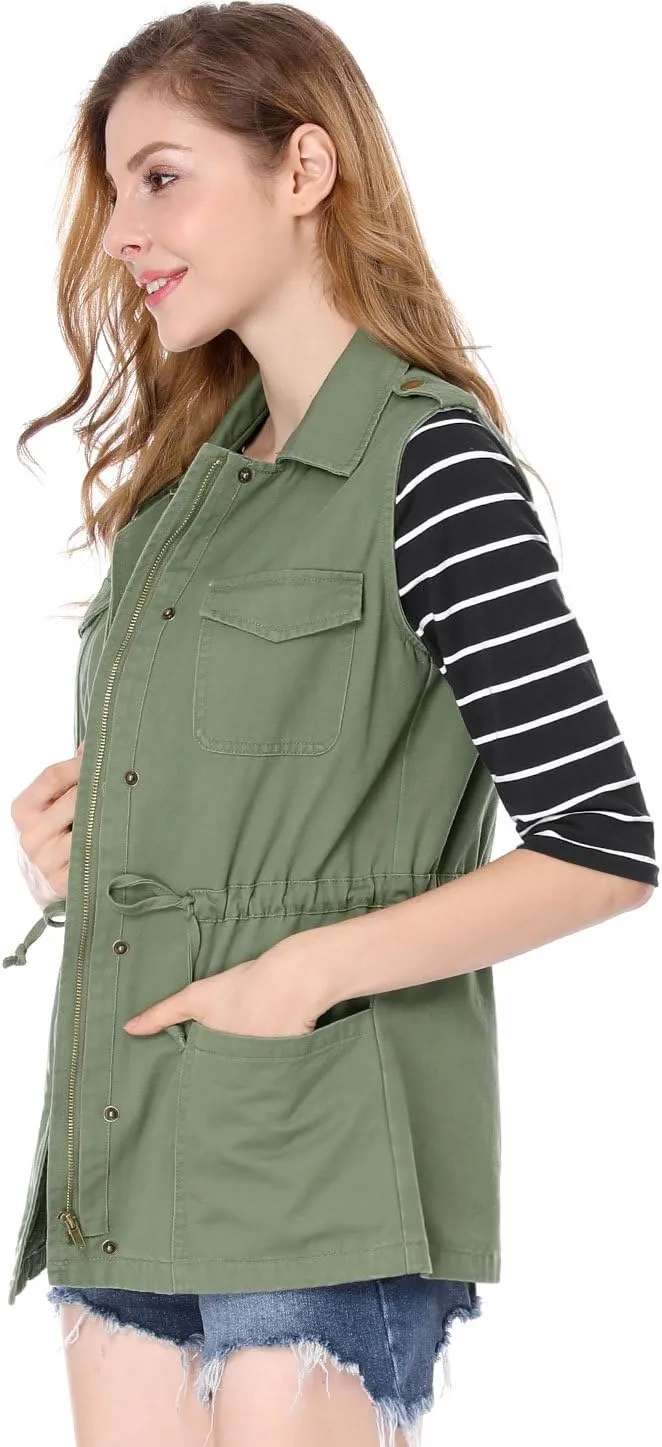Allegra K Women's Zip Up Sleeveless Jacket Utility Anorak Outwear Cargo Vest