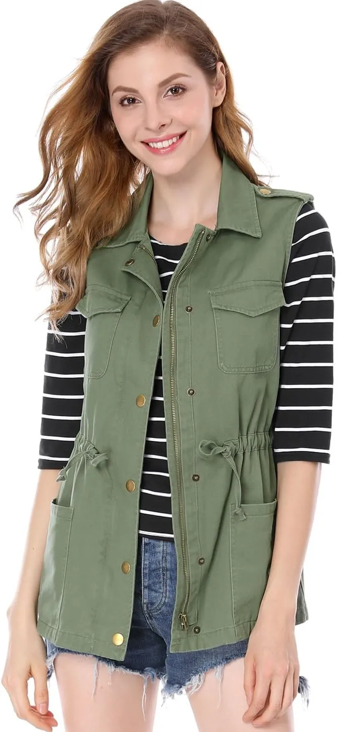 Allegra K Women's Zip Up Sleeveless Jacket Utility Anorak Outwear Cargo Vest