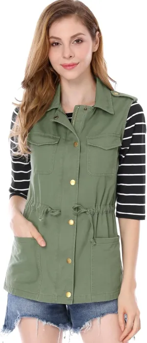 Allegra K Women's Zip Up Sleeveless Jacket Utility Anorak Outwear Cargo Vest