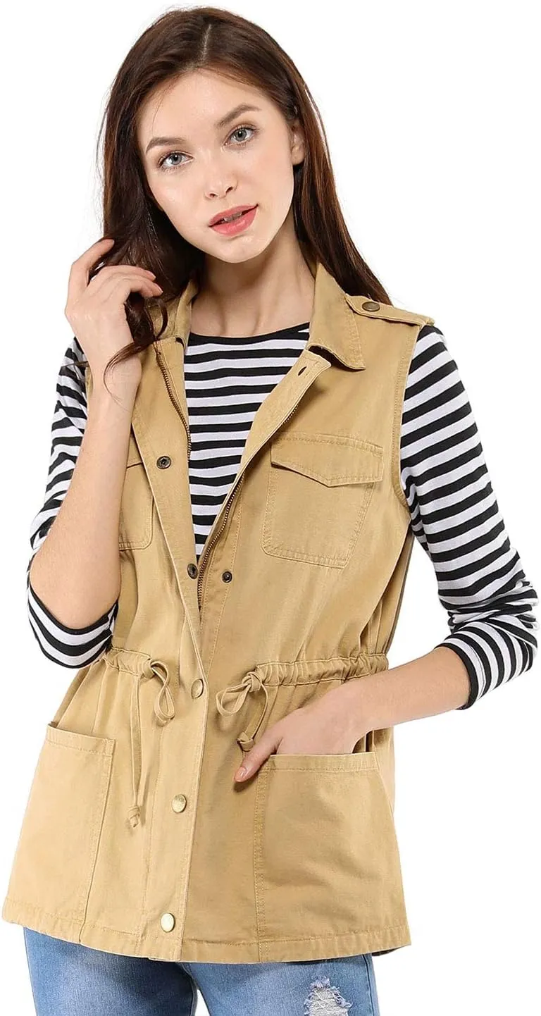 Allegra K Women's Zip Up Sleeveless Jacket Utility Anorak Outwear Cargo Vest