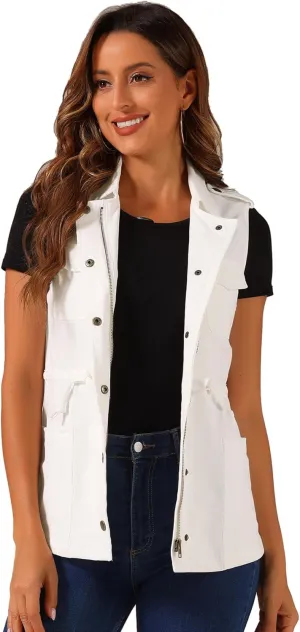 Allegra K Women's Zip Up Sleeveless Jacket Utility Anorak Outwear Cargo Vest