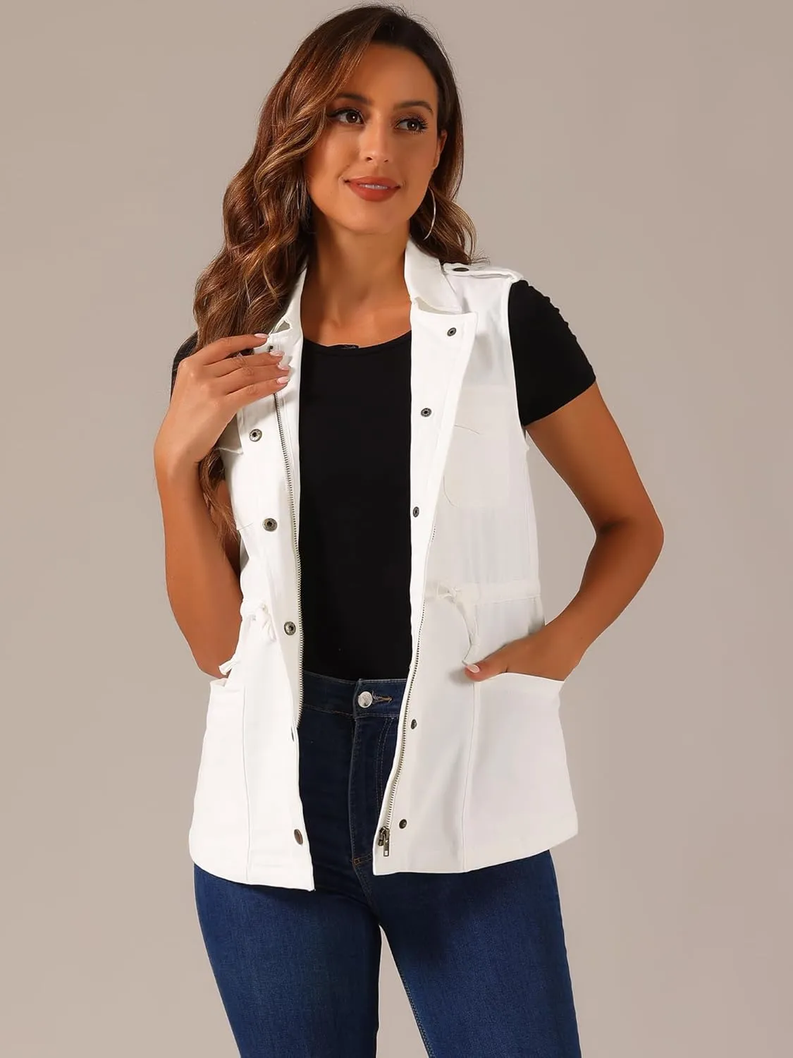 Allegra K Women's Zip Up Sleeveless Jacket Utility Anorak Outwear Cargo Vest