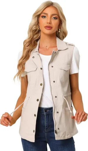 Allegra K Women's Zip Up Sleeveless Jacket Utility Anorak Outwear Cargo Vest