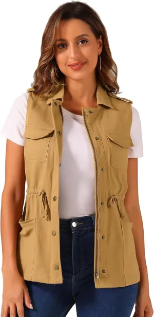 Allegra K Women's Zip Up Sleeveless Jacket Utility Anorak Outwear Cargo Vest