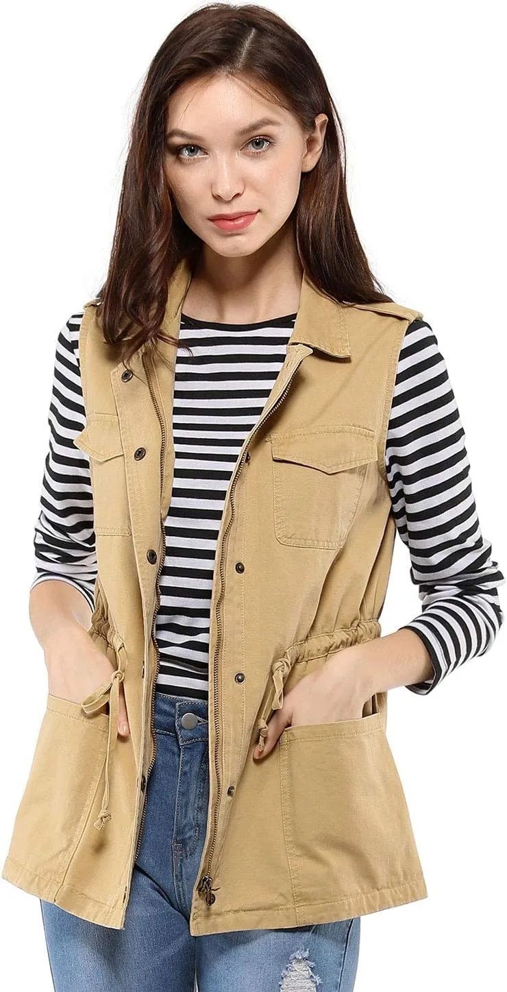 Allegra K Women's Zip Up Sleeveless Jacket Utility Anorak Outwear Cargo Vest