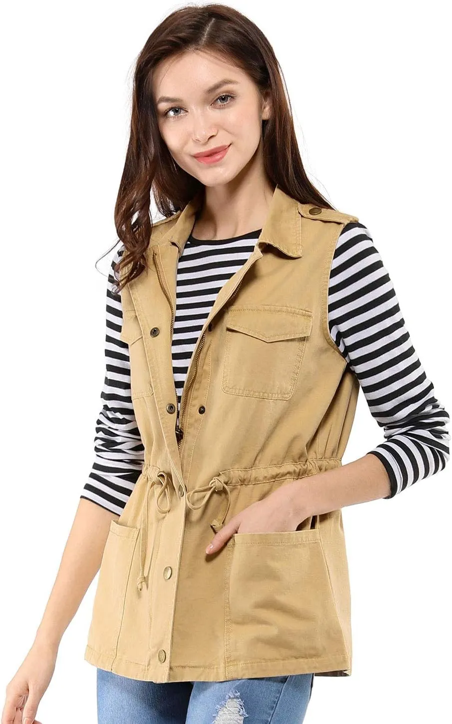 Allegra K Women's Zip Up Sleeveless Jacket Utility Anorak Outwear Cargo Vest