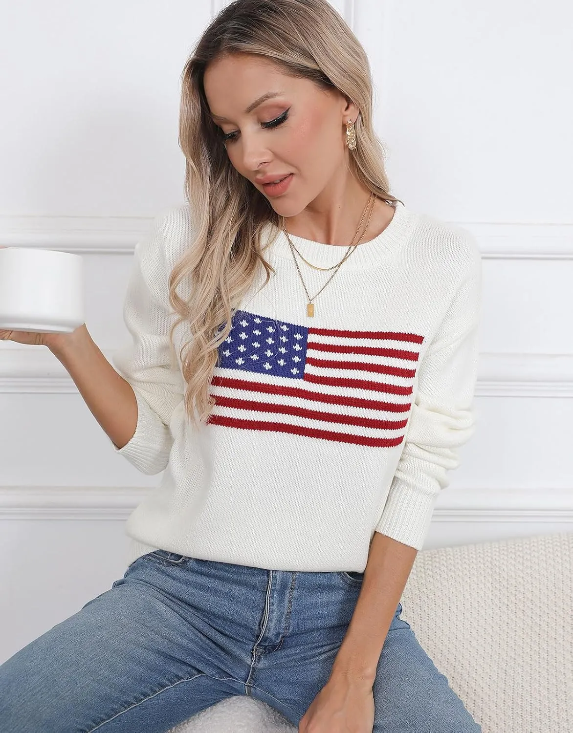 Alsol Lamesa Womens American Flag Graphic Sweater Patriotic Long Sleeve Pullover Sweaters Crew Neck Knit Tops