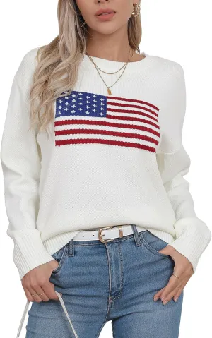 Alsol Lamesa Womens American Flag Graphic Sweater Patriotic Long Sleeve Pullover Sweaters Crew Neck Knit Tops