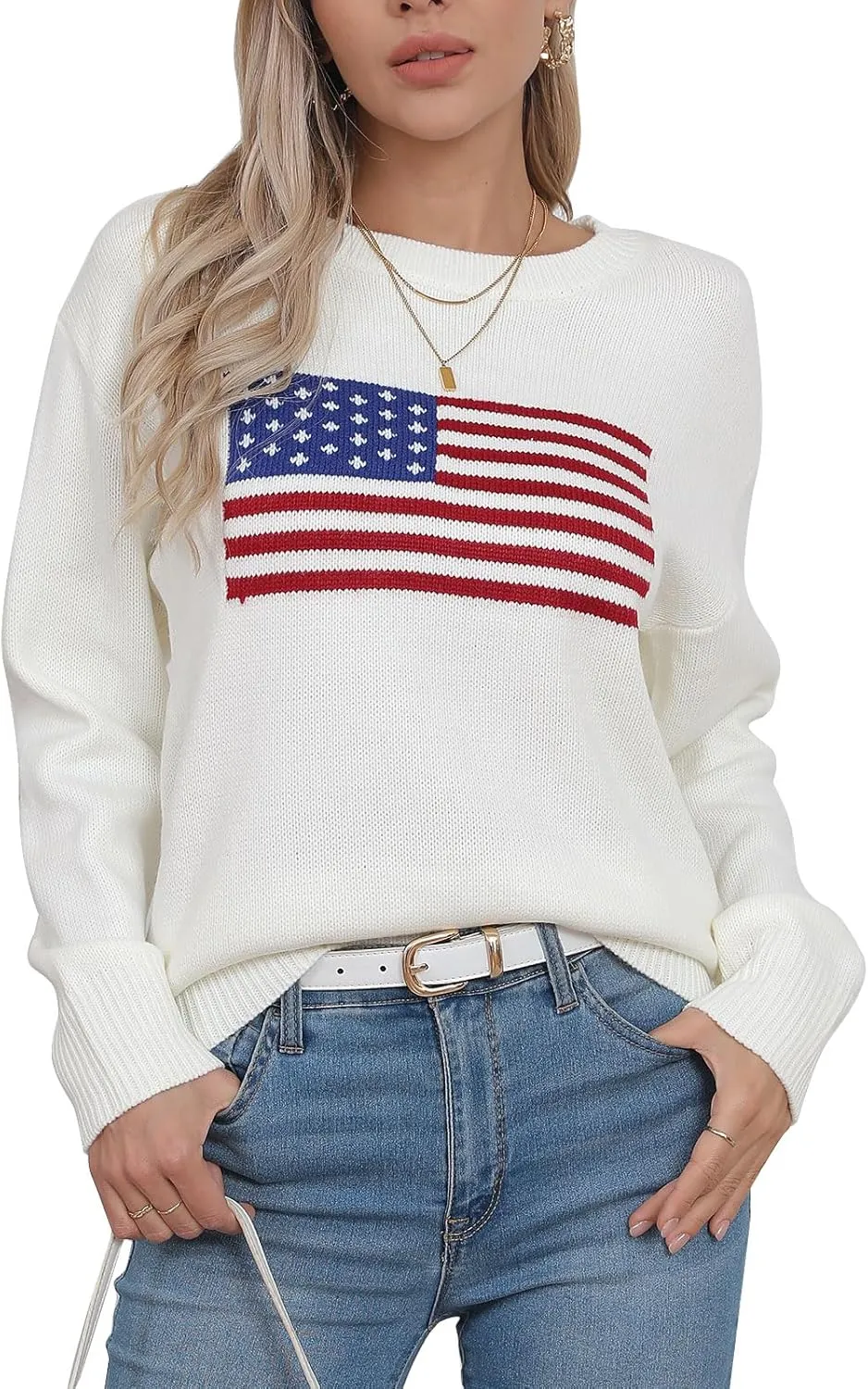Alsol Lamesa Womens American Flag Graphic Sweater Patriotic Long Sleeve Pullover Sweaters Crew Neck Knit Tops
