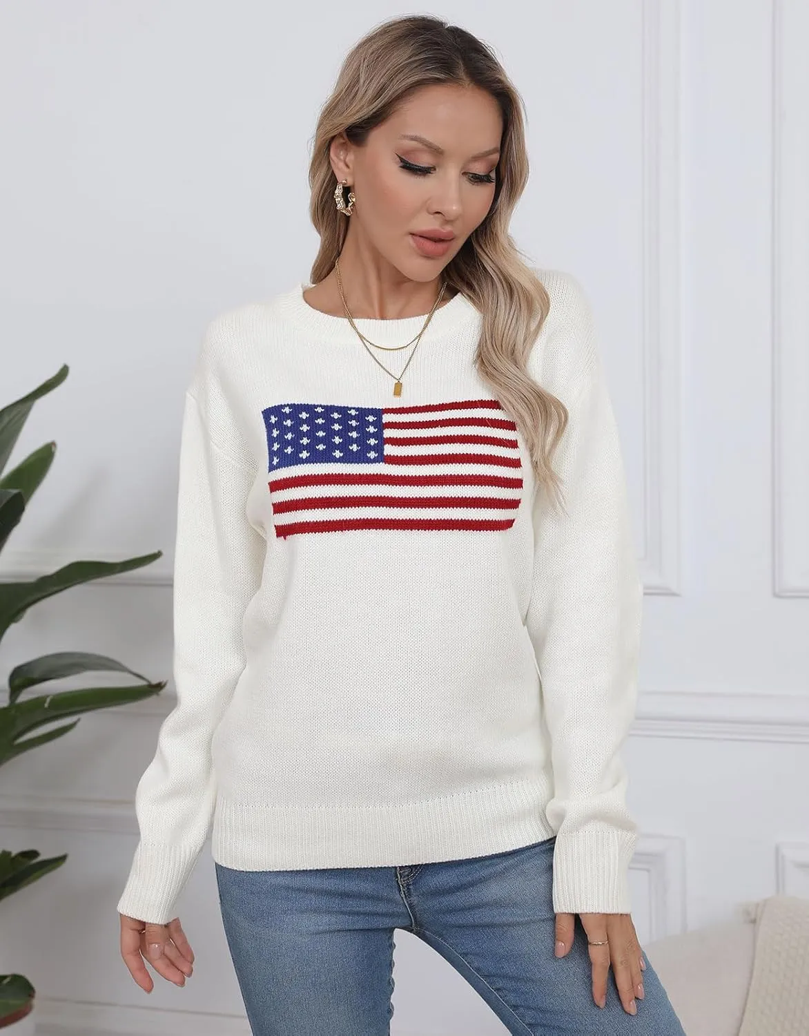 Alsol Lamesa Womens American Flag Graphic Sweater Patriotic Long Sleeve Pullover Sweaters Crew Neck Knit Tops