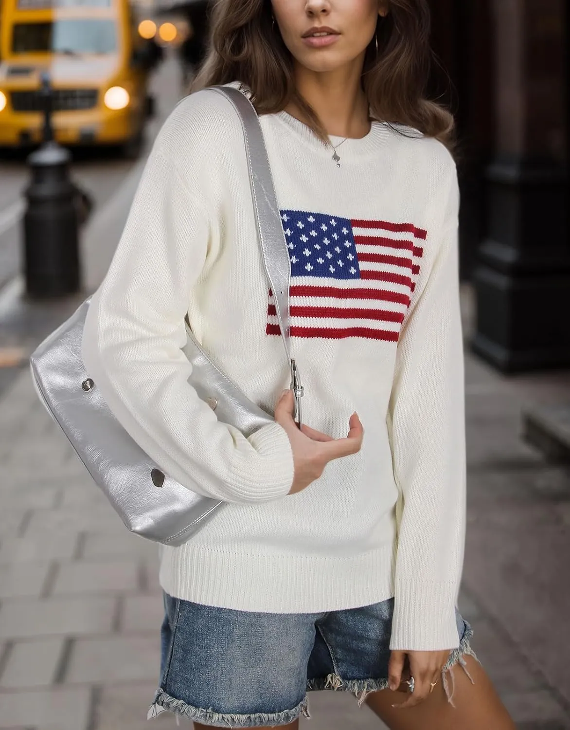 Alsol Lamesa Womens American Flag Graphic Sweater Patriotic Long Sleeve Pullover Sweaters Crew Neck Knit Tops