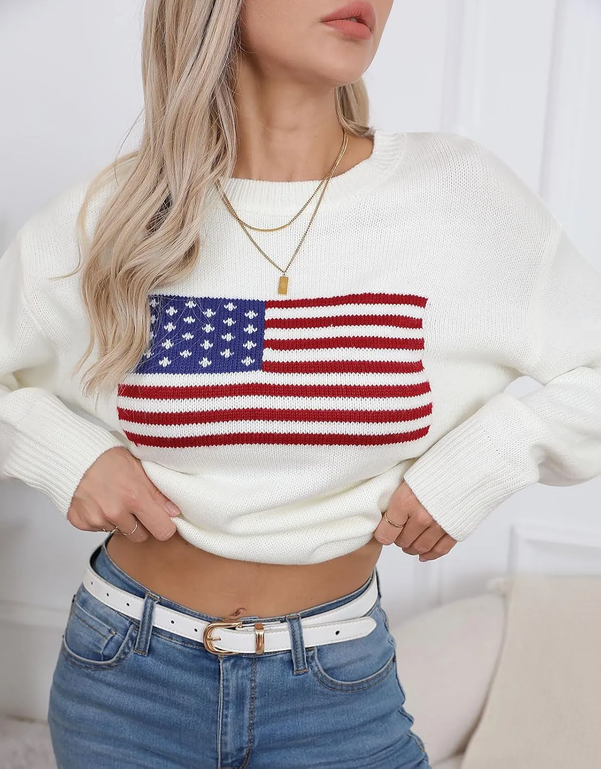 Alsol Lamesa Womens American Flag Graphic Sweater Patriotic Long Sleeve Pullover Sweaters Crew Neck Knit Tops