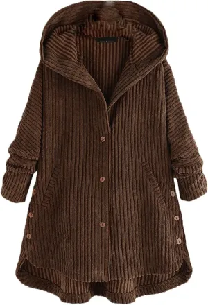Andongnywell Womens Vintage Loose Baggy Mid Long Corduroy Jacket Trench Coat Overcoats Outwear Jackets
