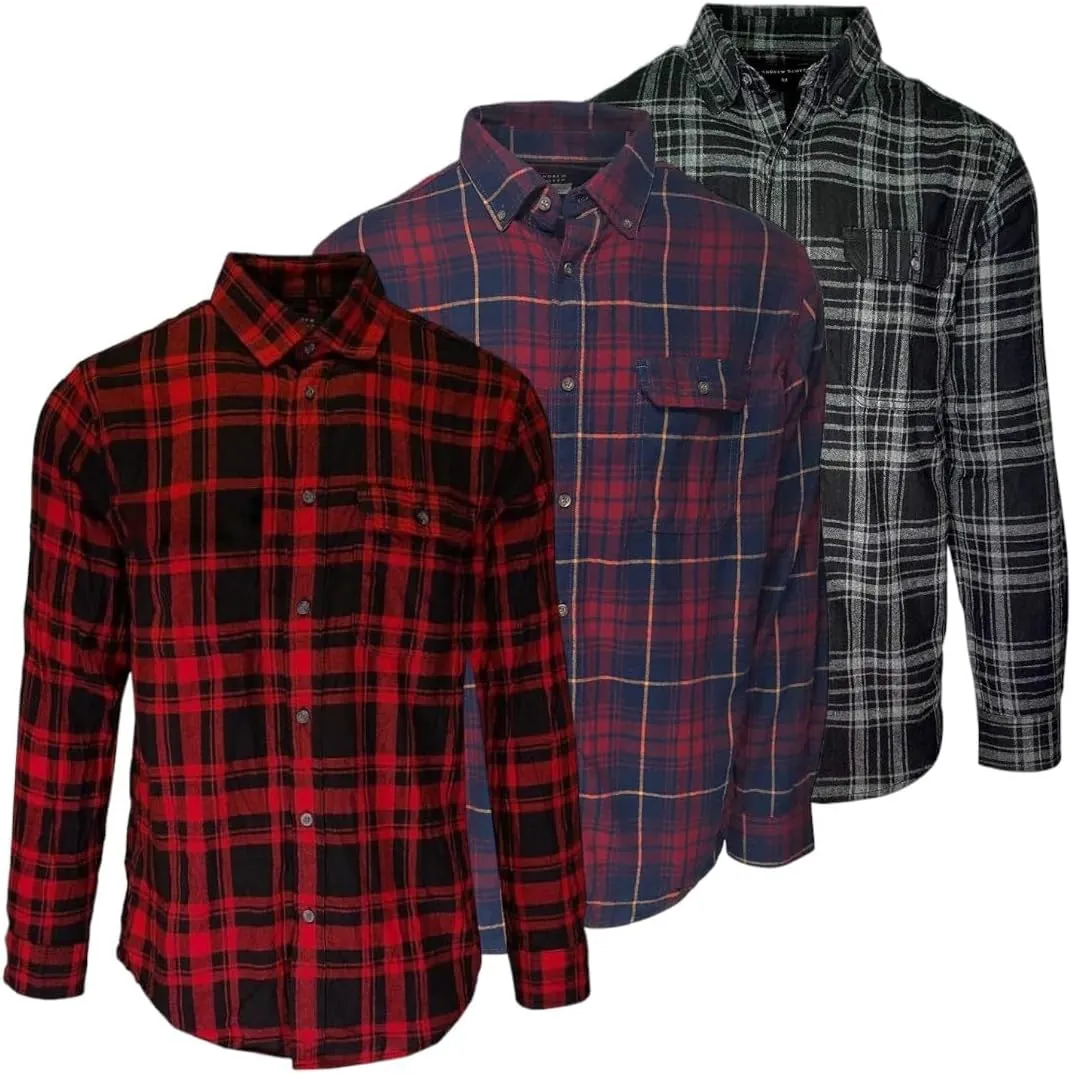 Andrew Scott Men's Button Down Regular Fit Long Sleeve Plaid Flannel Casual Shirts - Multi Packs