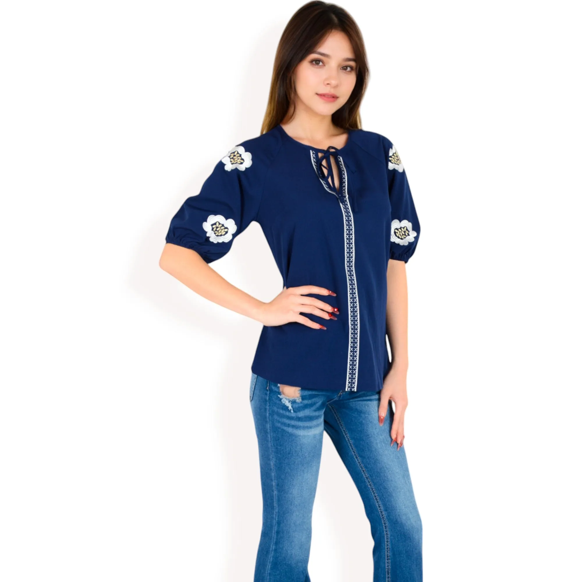 Anna-Kaci Women's Floral Embroidered Blouse with Puff Sleeves and V-Neckline