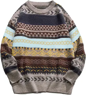 Arssm Mens Vintage Sweater Grandpa Oversized Cable Knit Crewneck Pullovers Casual Long Sleeve Striped Sweater